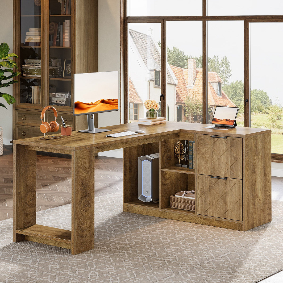 L-Shaped Executive Desk,  63" Office Desk with File Cabinets and Shelves