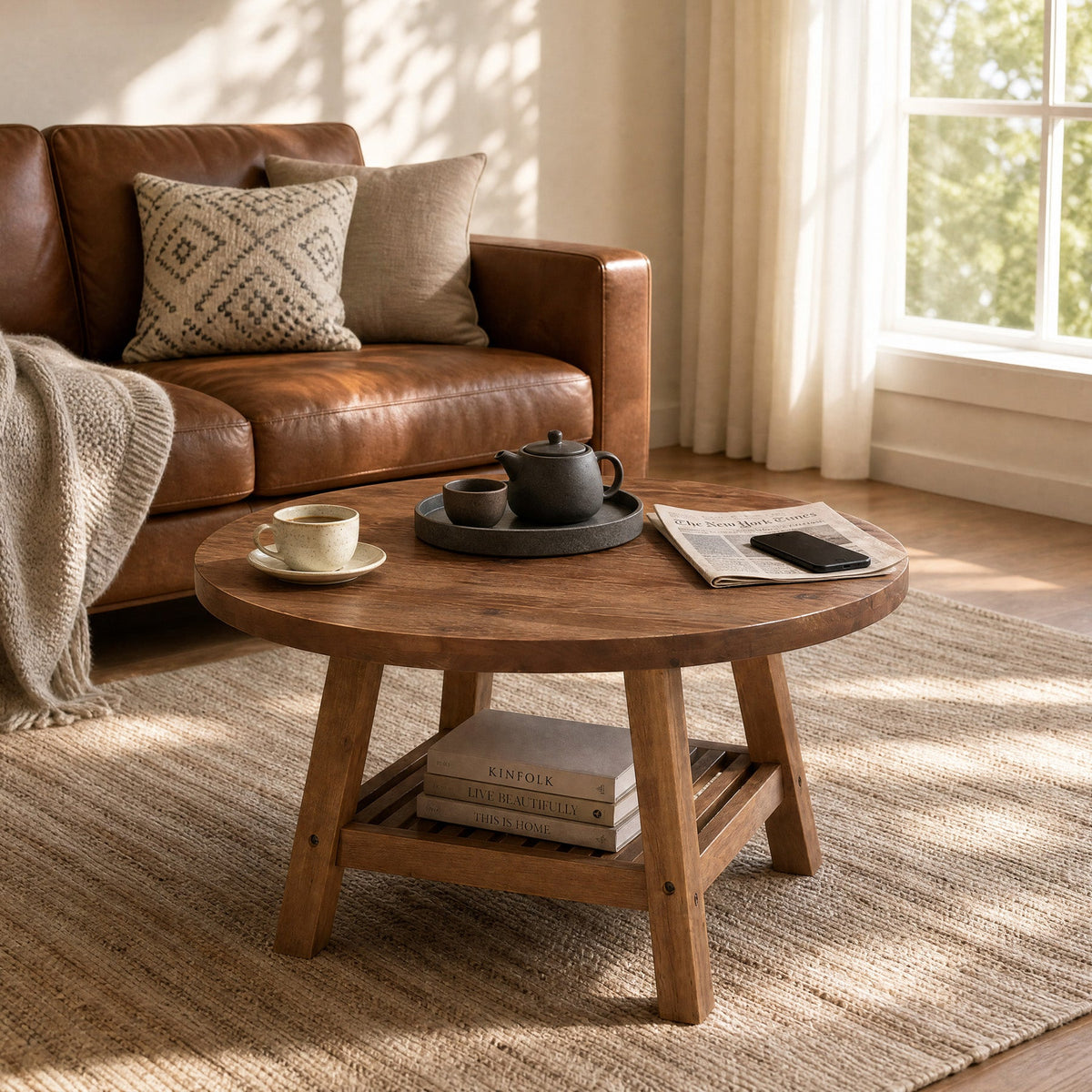 Solid Wood Round Coffee Table, 31.5" Center Table with 2-Tier Storage for Living Room