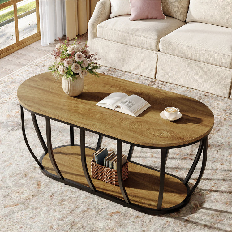 Oval Coffee Table, 47.2" Modern Center Cocktail Table with 2-Tier Storage