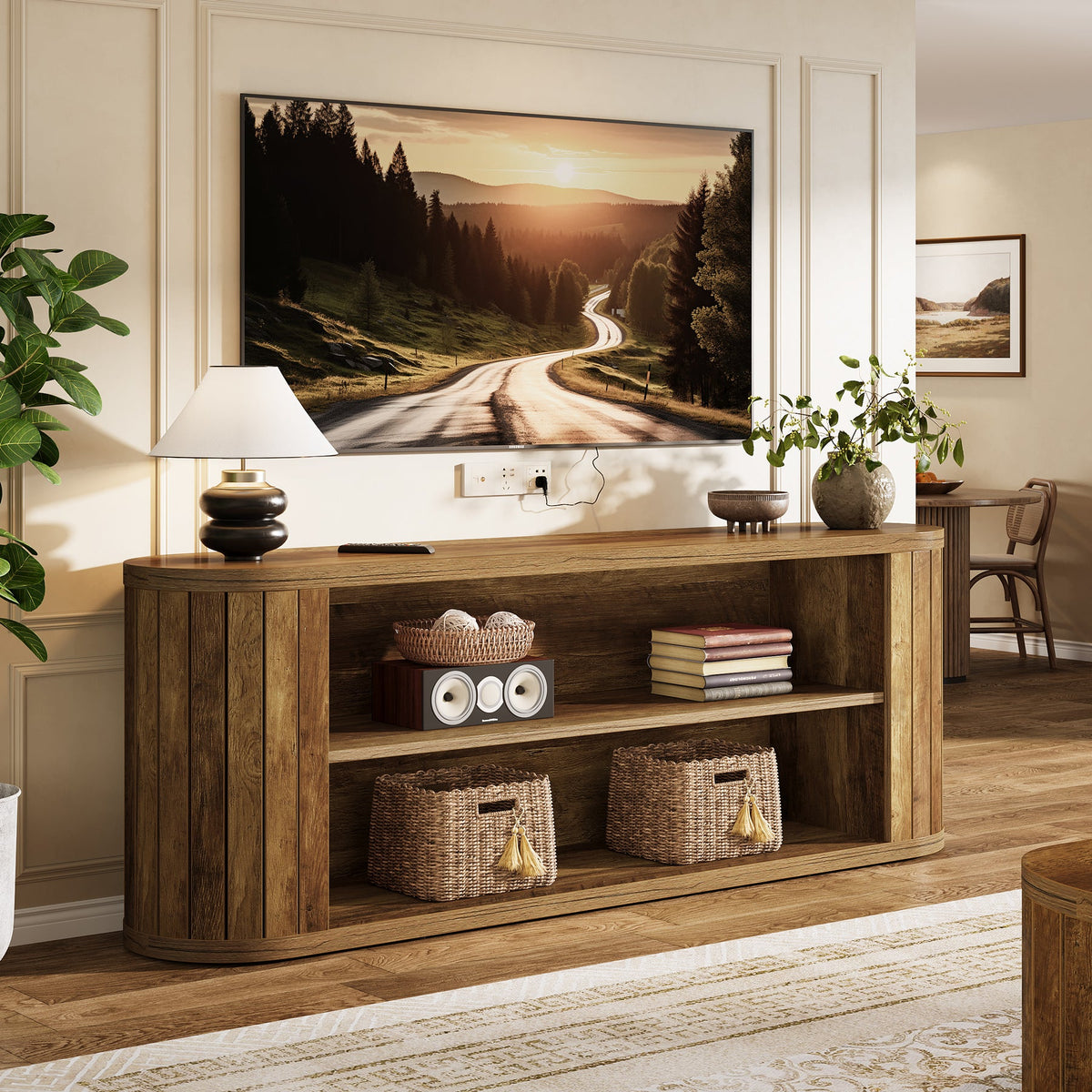 63" TV Stand, Farmhouse Entertainment Center with 3-Tier Storage Shelf