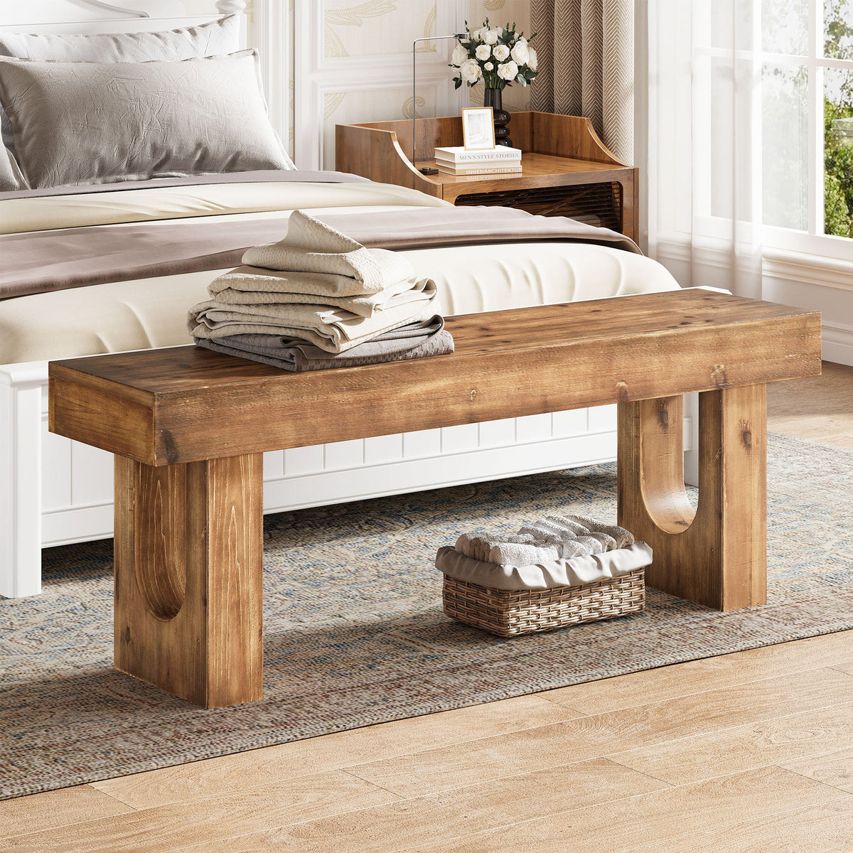 Wood Shoe Bench, 47" Narrow Entryway Bench End of Bed Bench