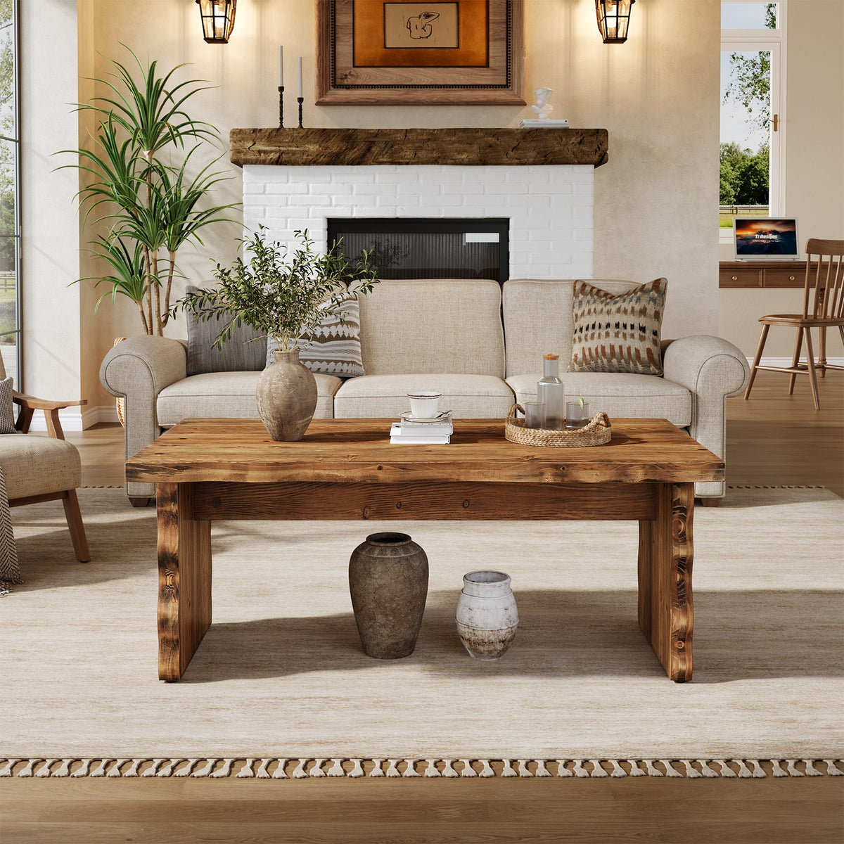 47.24" Solid Wood Coffee Table, Rectangular Center Table For Living Room