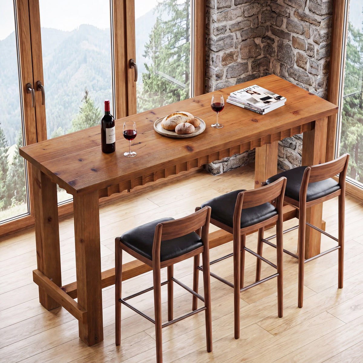 63" Solid Wood Bar Table, Rectangular Counter Height Pub Table with Footrest