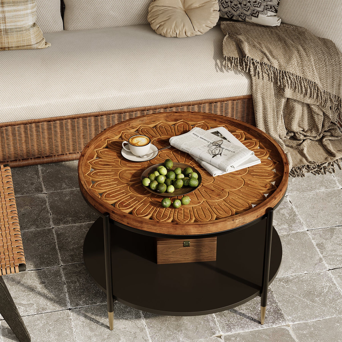 Solid Wood Round Coffee Table, 31.5" Center Tea Table with Metal Frame