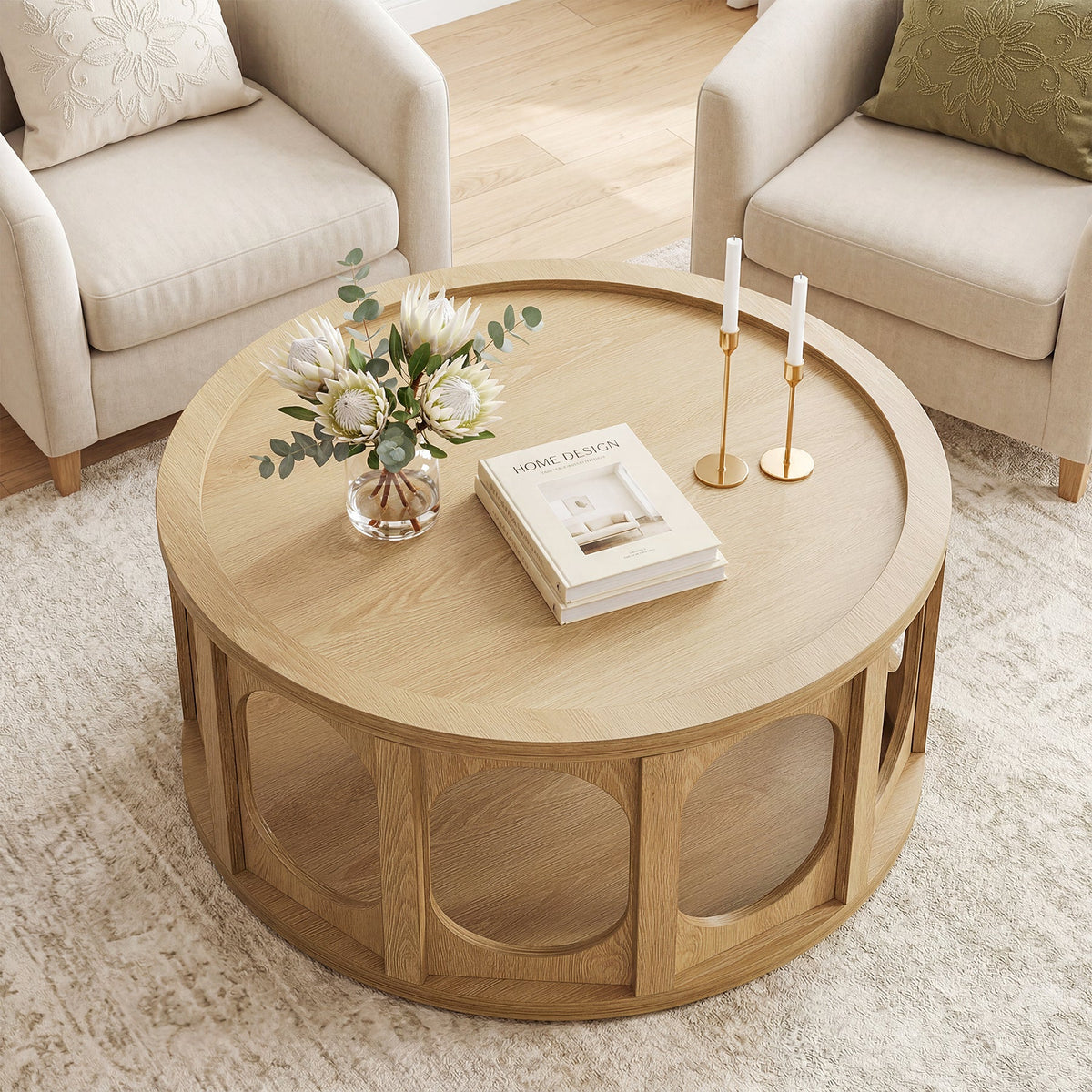 Tribesigns 31.5-Inch Modern Round Coffee Table with Open Storage Shelf, Wood Grain Center Table for Living Room