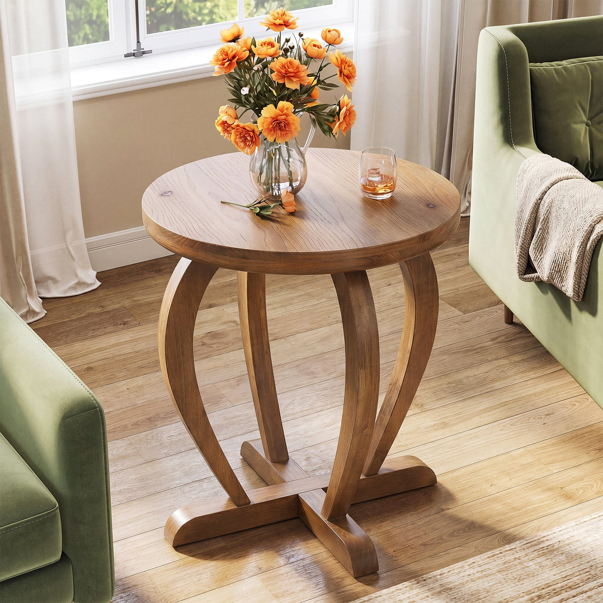 Solid Wood Round End Table, Accent Side Table with Curved Base for Living Room