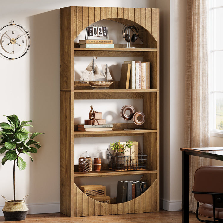 5-Tier Bookshelf, 70.8" Bookcase with Fluted Arched Top and Back Baffle