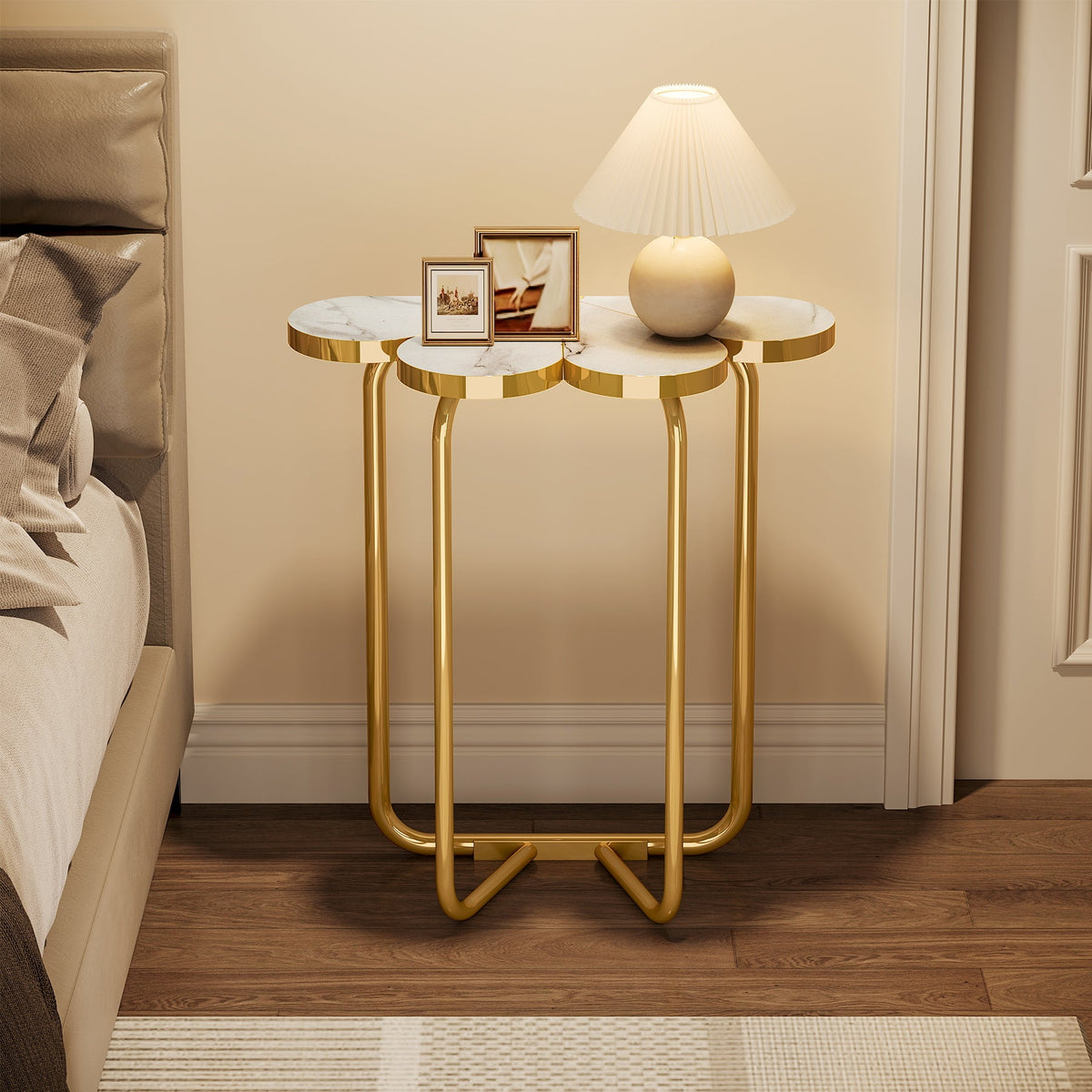 Half-Flower End Table, Faux Marble Side Table with Gold Frame