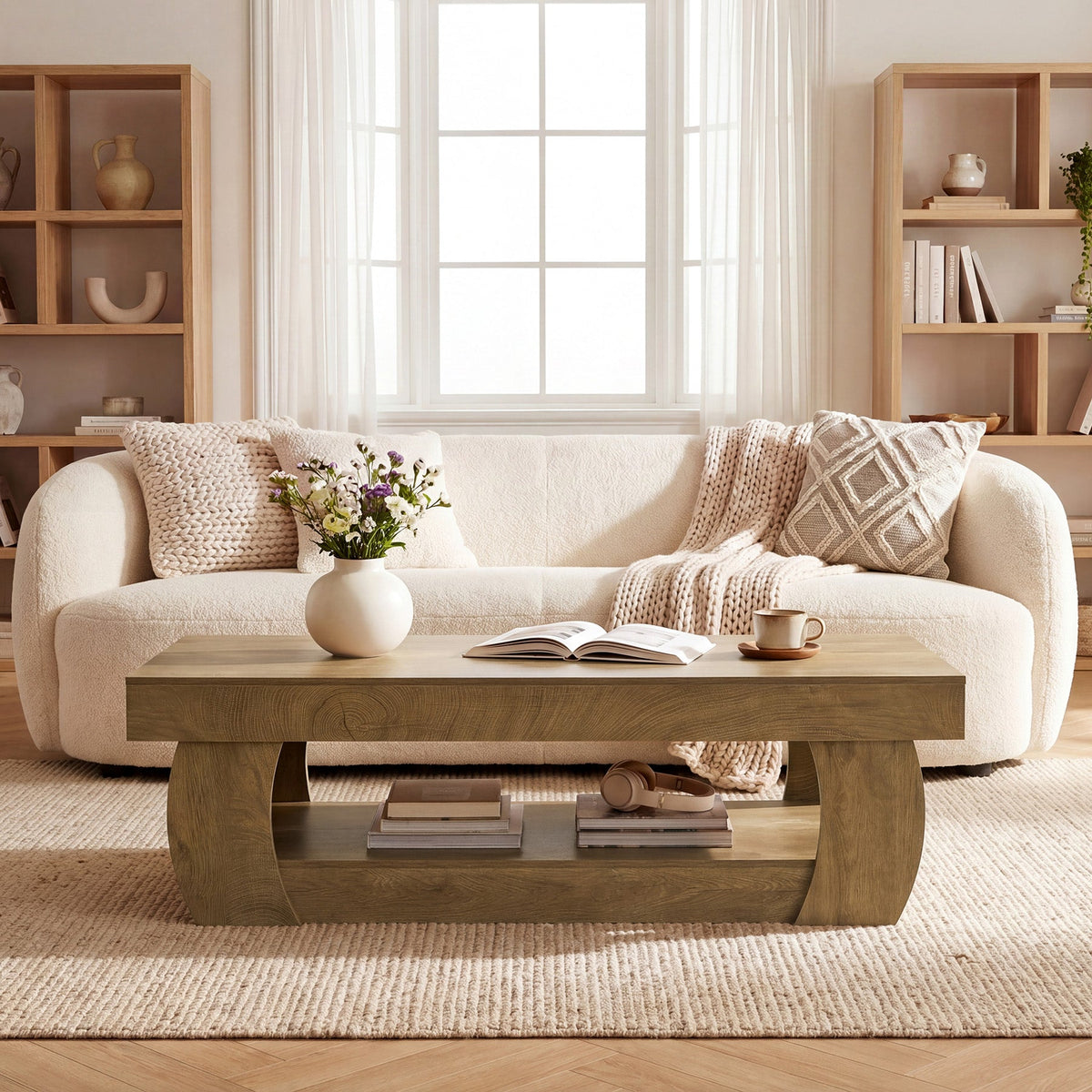 Tribesigns 55-Inch Wooden Coffee Table with 2-Tier Storage Shelf and Curved Legs, Modern Farmhouse Center Table for Living Room and Apartment
