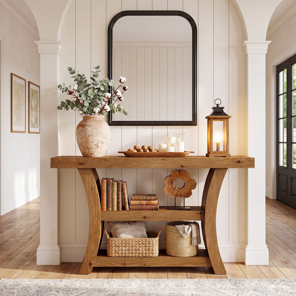 55" Solid Wood Console Table, 3-Tier Entryway Sofa Table with Open Shelves for Entrance