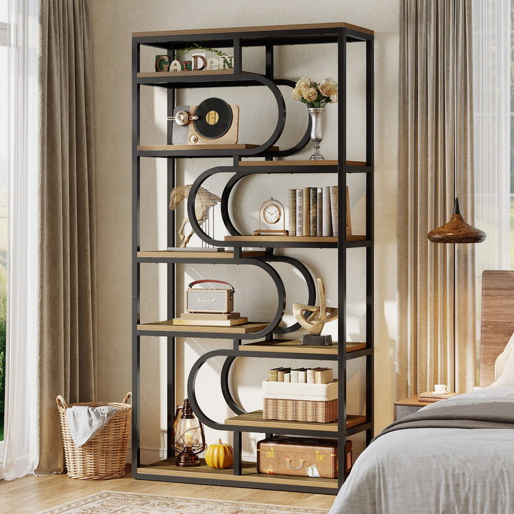 71" Bookshelf, Industrial Etagere Bookcase with Open Storage Shelves