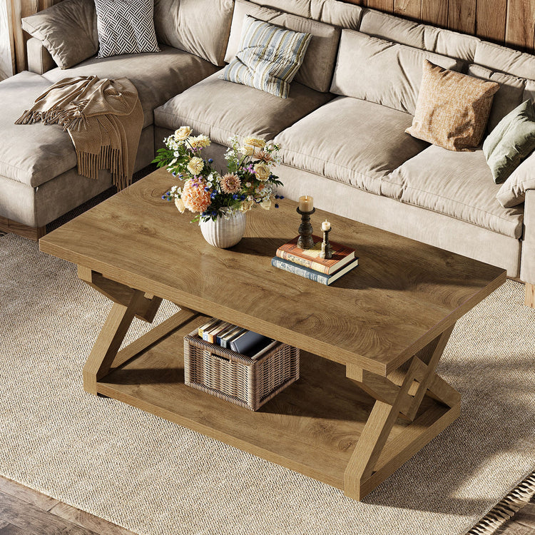 2-Tier Coffee Table, 47.24" Rectangle Center Tea Table with Open Shelves
