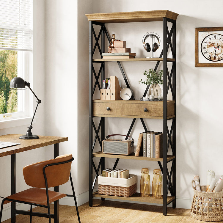 70.9" Bookshelf with Drawer, Industrial Bookcase with Open Shelf and Stable X Frame