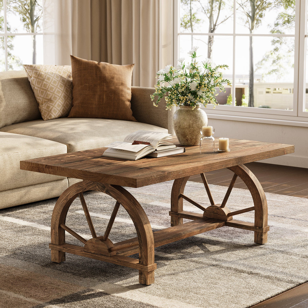 47" Solid Wood Coffee Table, Rectangular Center Table With Arched Base