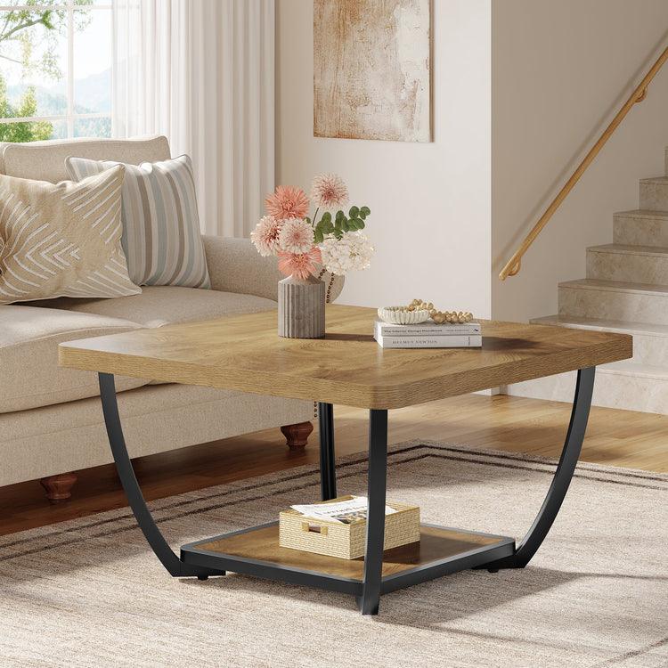 31.5" Coffee Table, Square 2-Tier Accent Center Cocktail Table with Storage