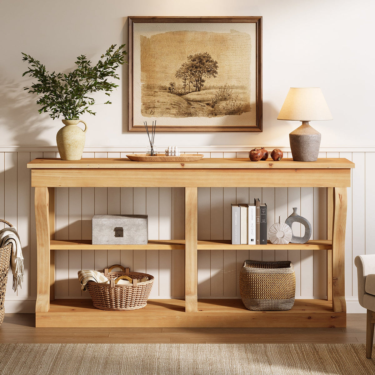 3-Tier Solid Wood Console Table, 63" Sofa Entryway Table with Storage