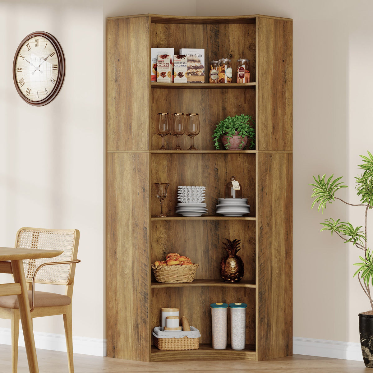 6-Tier Corner Bookshelf, 70.9" Tall Corner Bookcase with Curved Edges