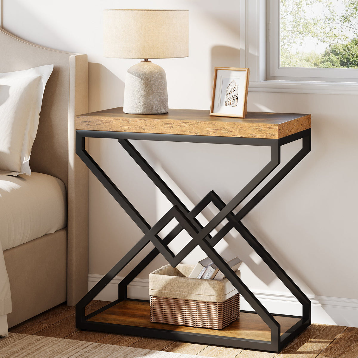 23.62" End Table, Narrow Side Table with Storage and X-Shaped Metal Frame