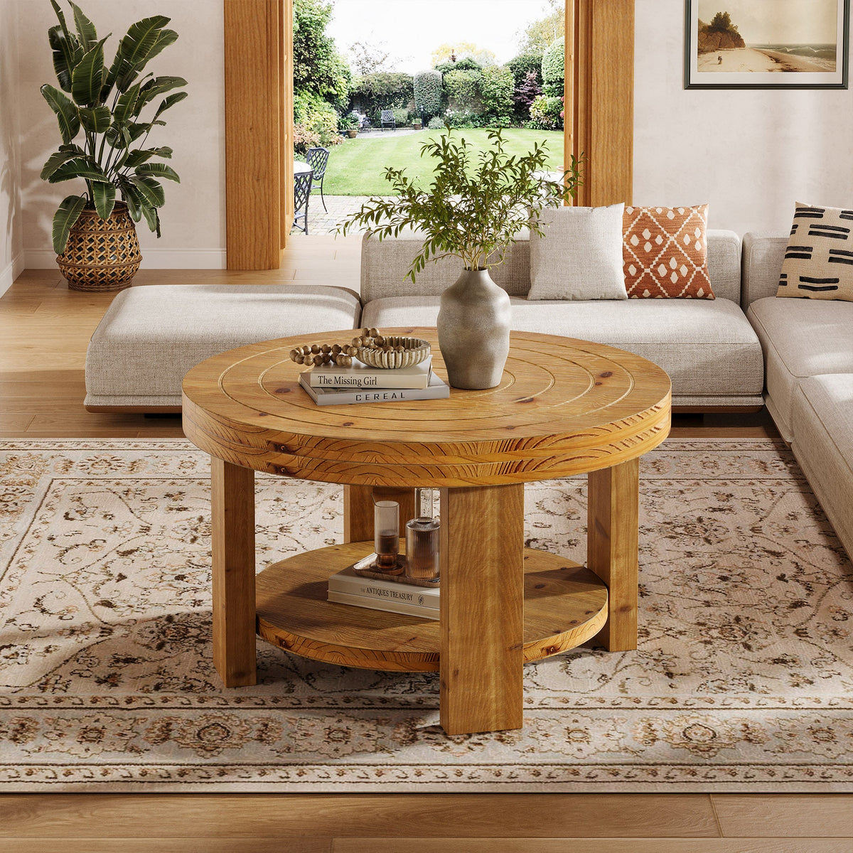 Round Solid Wood Coffee Table, 31.5" Center Table with 2-Tier Storage