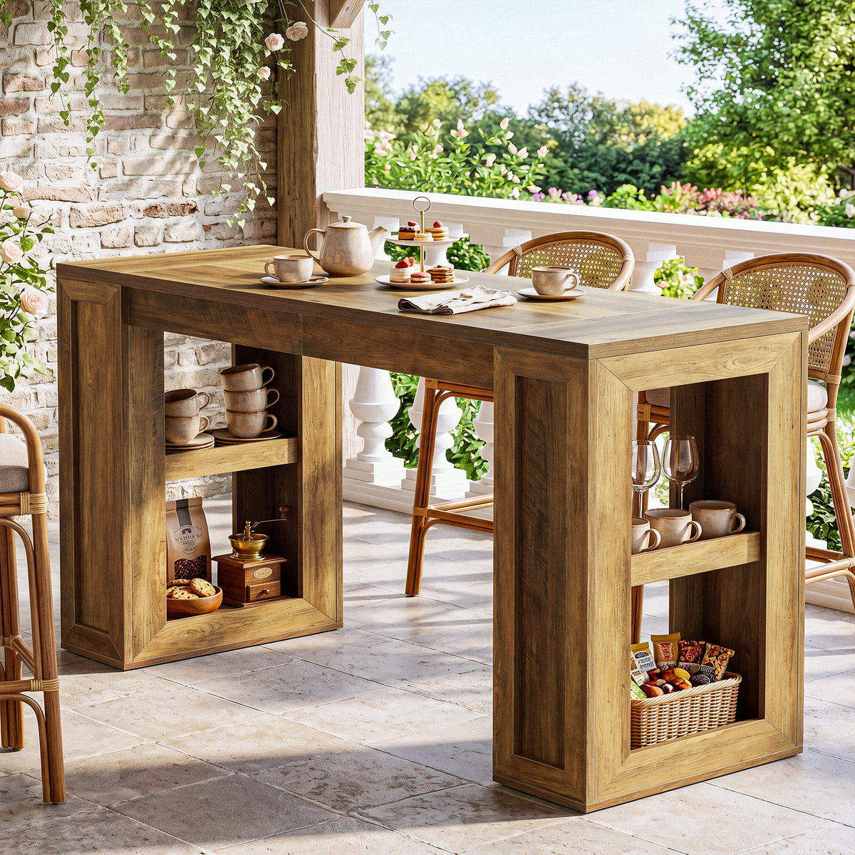 70.87" Farmhouse Bar Table, Rectangular High Top Pub Tables with Open Storage Shelves for Kitchen