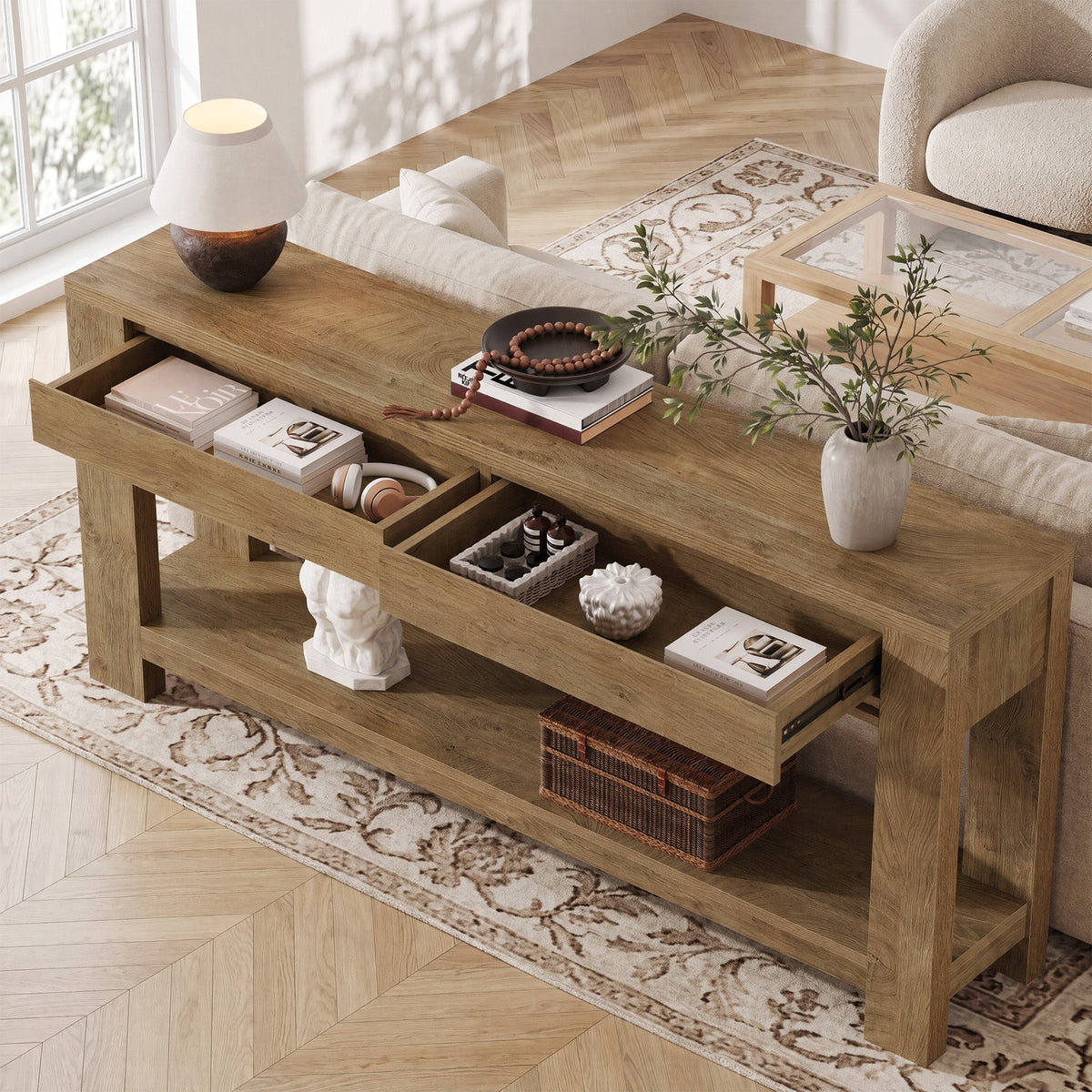 63" Console Table with 2 Storage Drawers, Farmhouse Entryway Table with Open Shelf