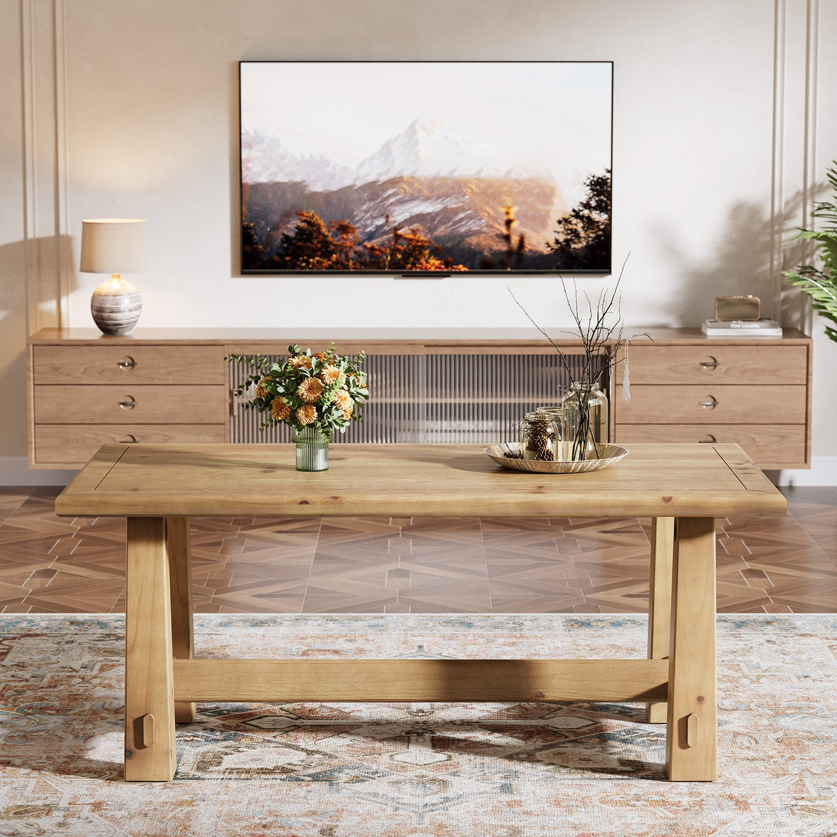 47" Solid Wood Coffee Table, Rectangular Center Table with H-Shaped Base