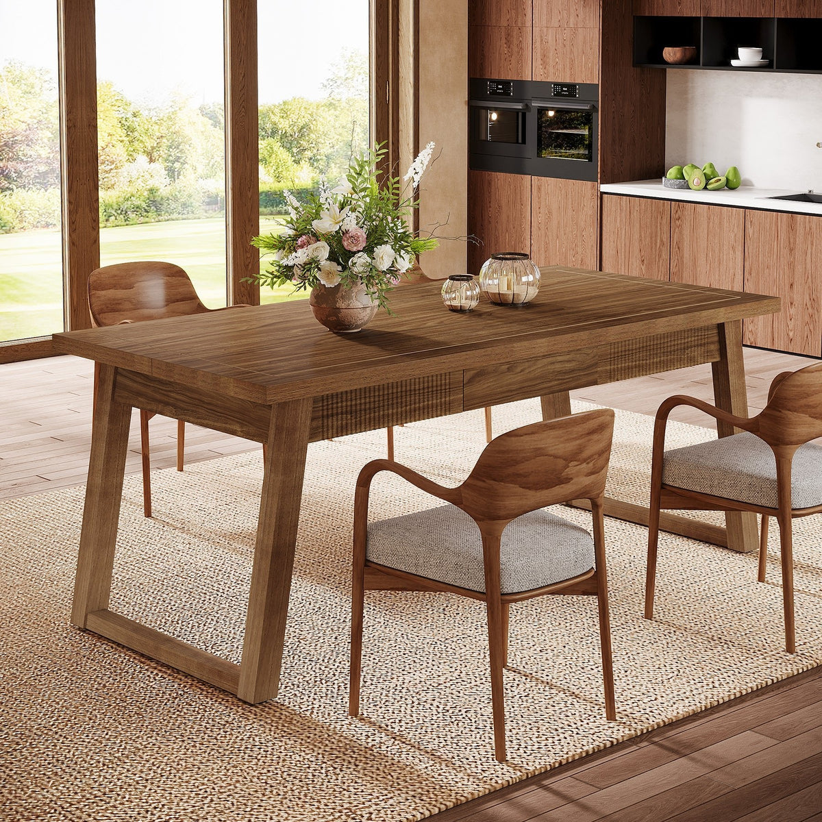 55" Rectangular Dining Table with Drawer & Solid Wood Legs for 4-6