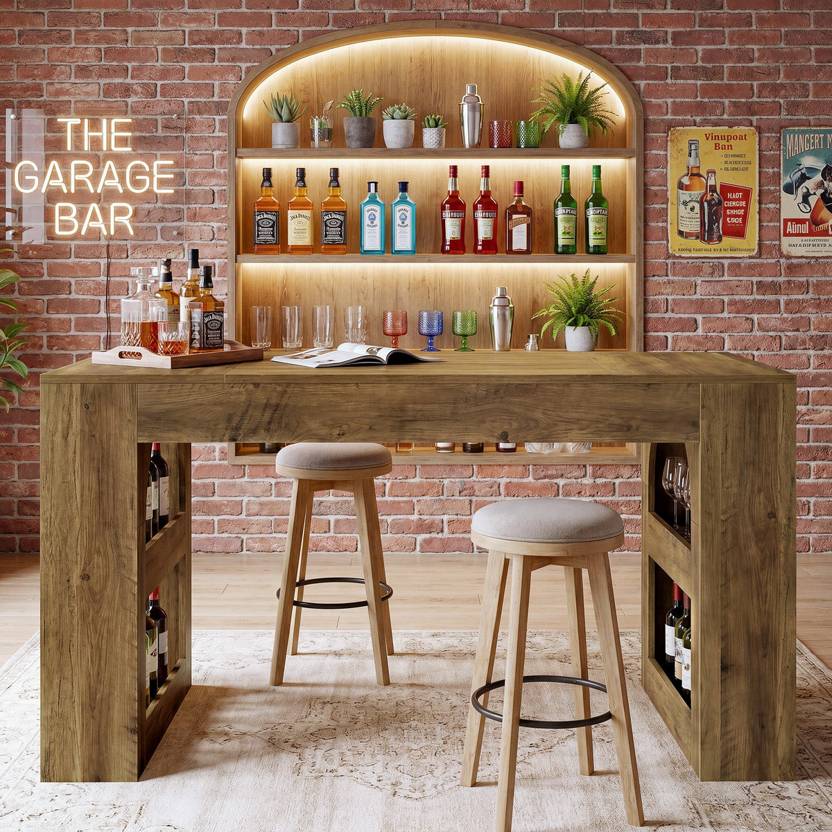 63" Counter Height Bar Table with Side Storage, Industrial Counter Table for Home Bar & Dining Room
