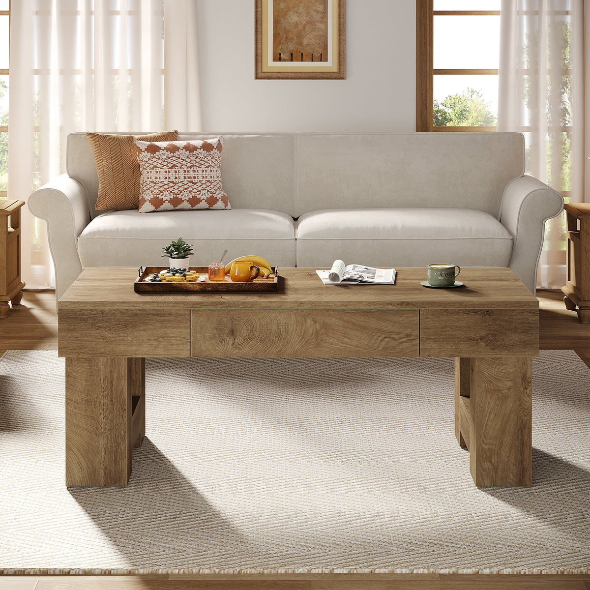 Coffee Table with Storage Drawer, 47" Farmhouse Center Cocktail Table