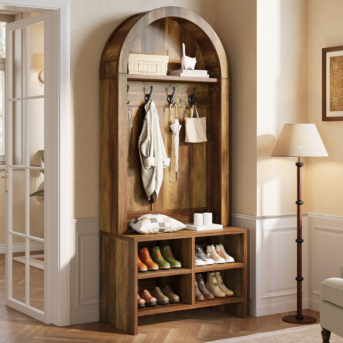 70.87“ Hall Tree, Arched Coat Rack with Bench and Shoe Storage