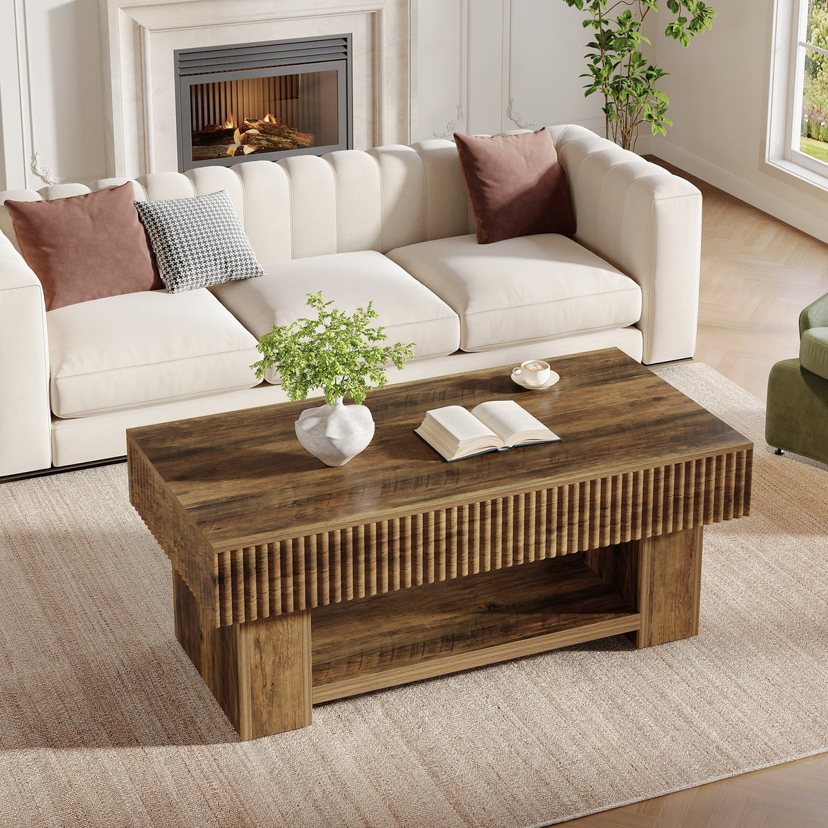 Farmhouse Coffee Table with Storage, 47" Center Table with Fluted Panel