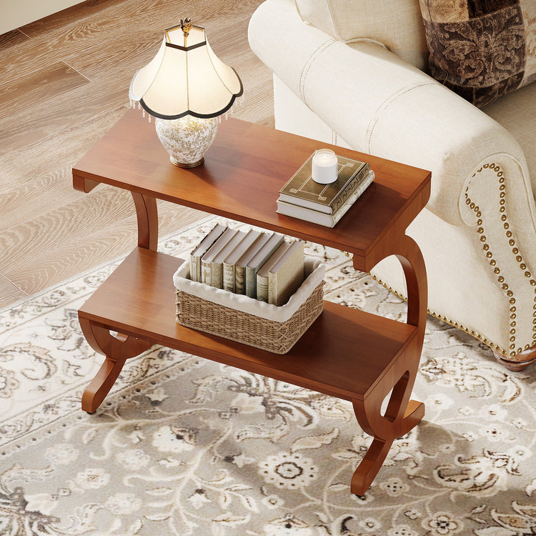 Solid Wood End Table, Narrow 2-Tier Side Table with Storage Shelf