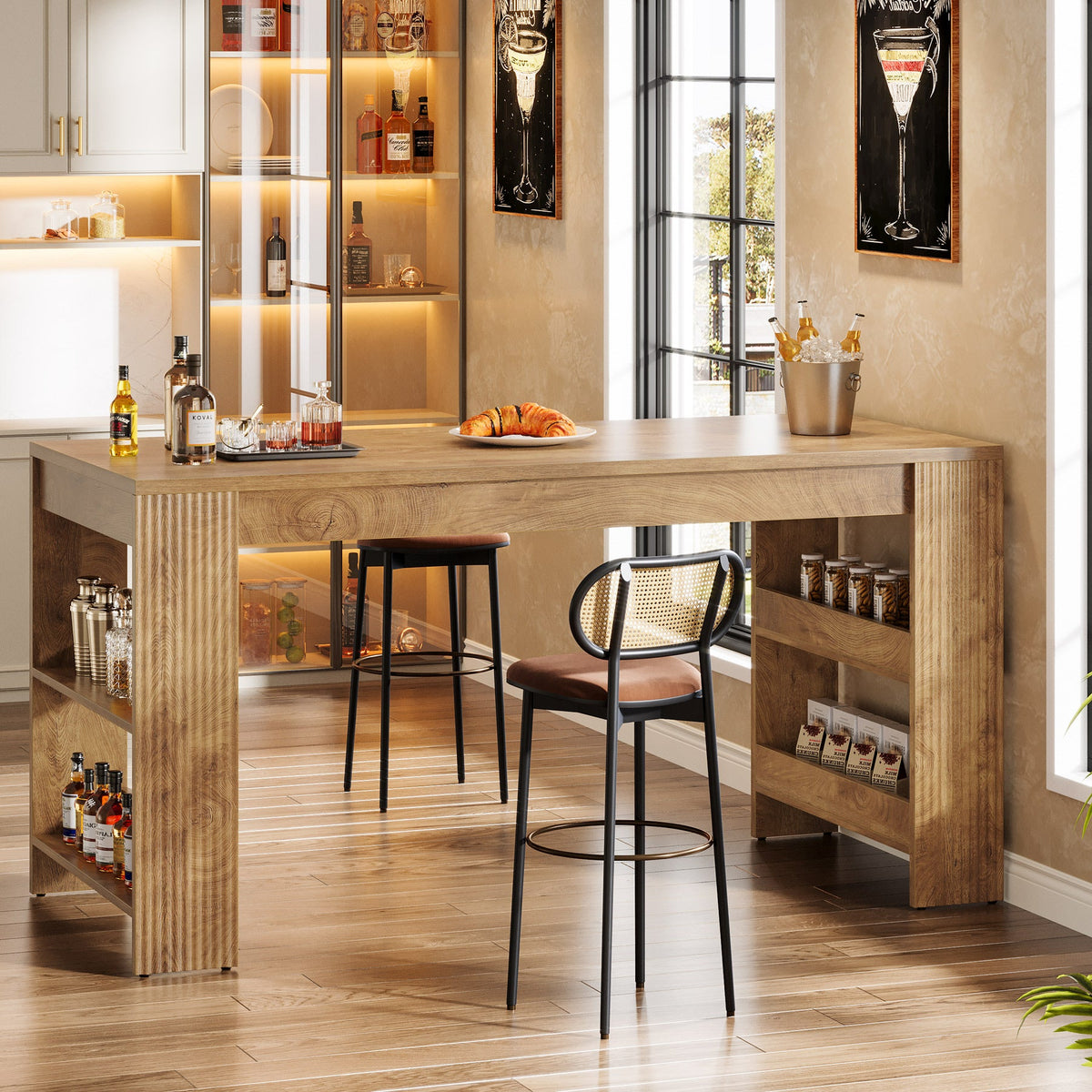 63" Kitchen Island, Large Home Bar Table with Double-Sided Storage Shelves