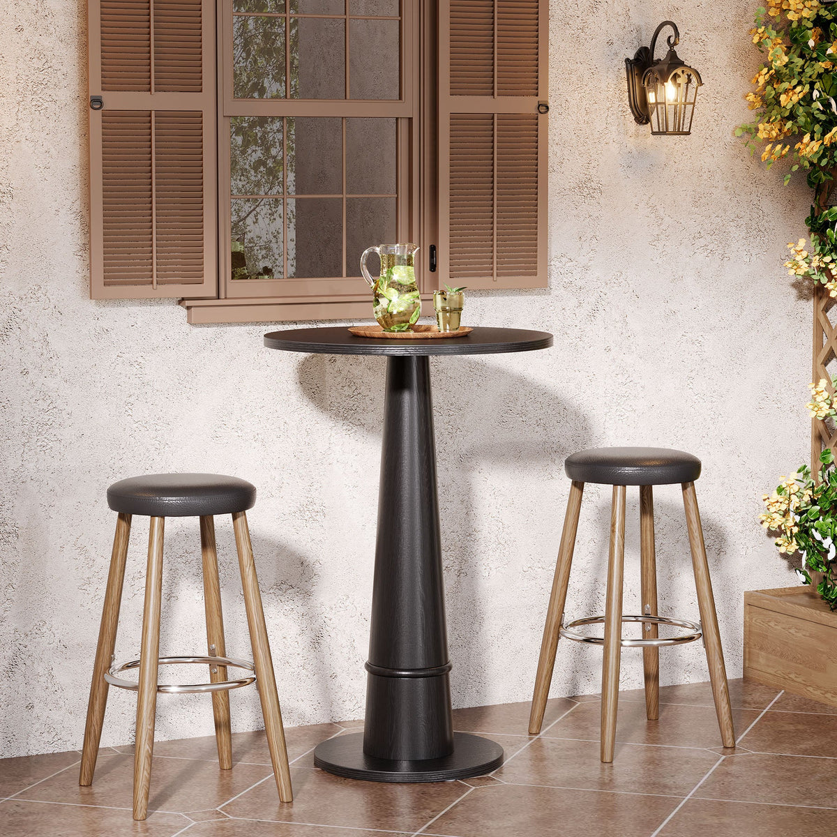 Round Bar Table, 37.4" High Pub Cocktail Table with Solid Wood Pillar