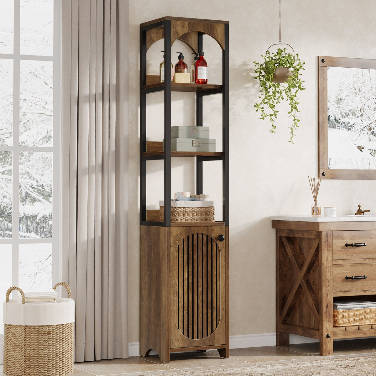 71.6" Bookshelf with Cabinet, Narrow Bookcase with Open Storage Shelves