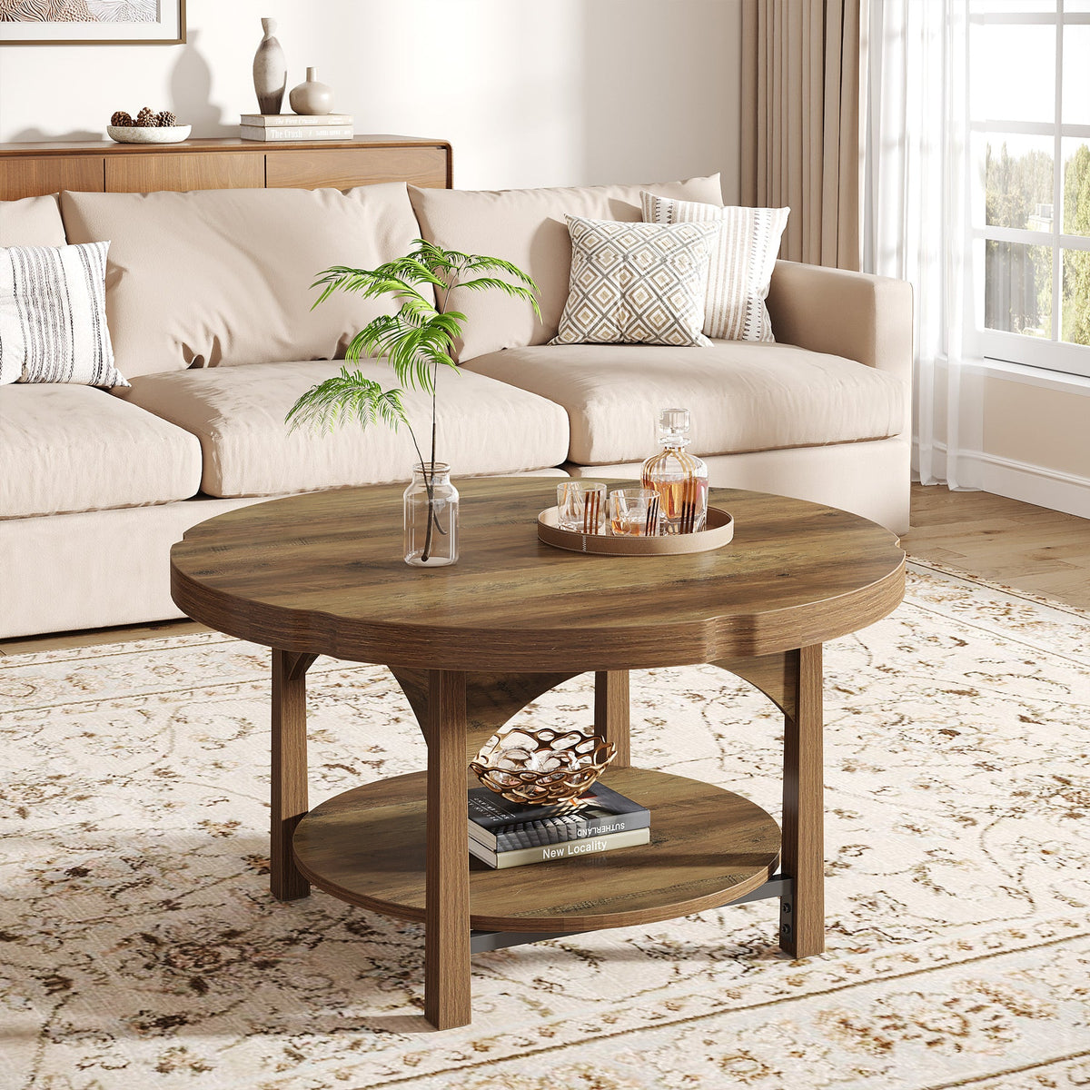 33.46" Round Coffee Table, 2-Tier Farmhouse Center Table with Storage Shelf