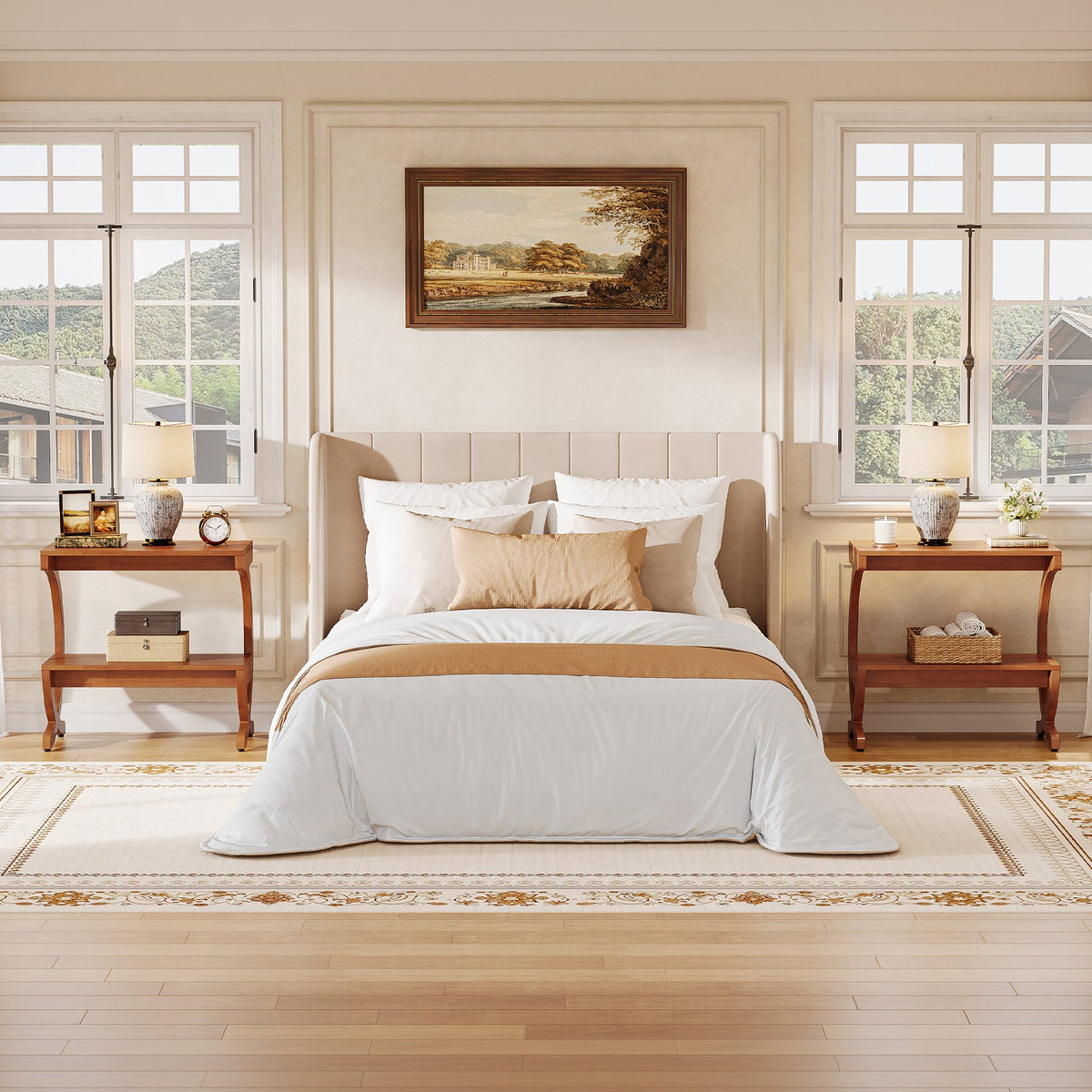 Solid Wood Nightstand, 23.62" Bedside Table with 2-Tier Storage Shelf