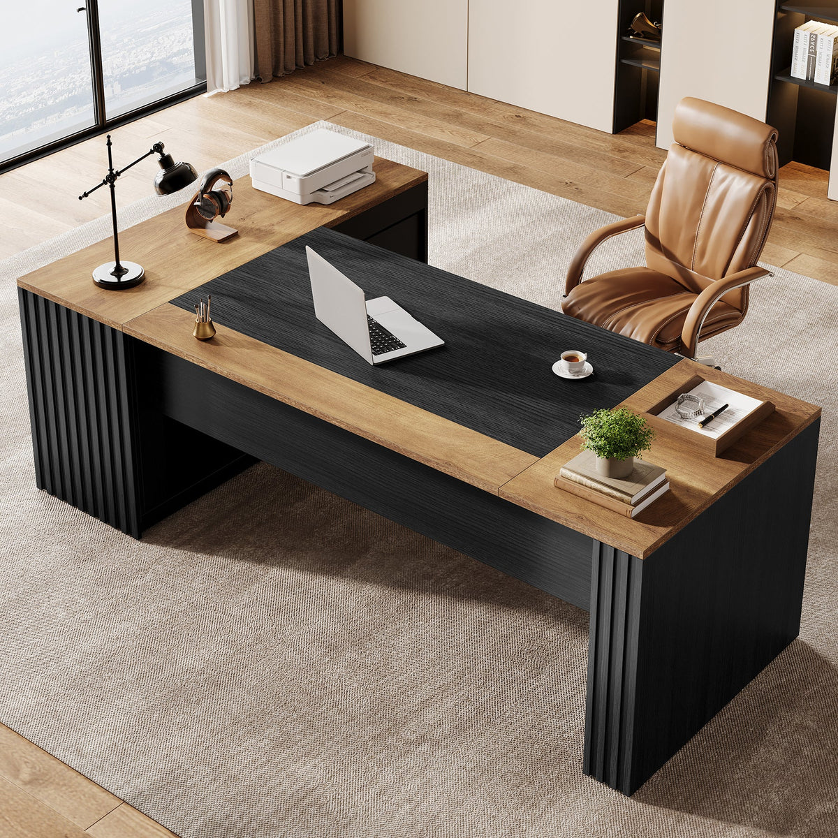 L-Shaped Executive Desk, 78.7" Computer Desk with Cabinet and Storage Shelves