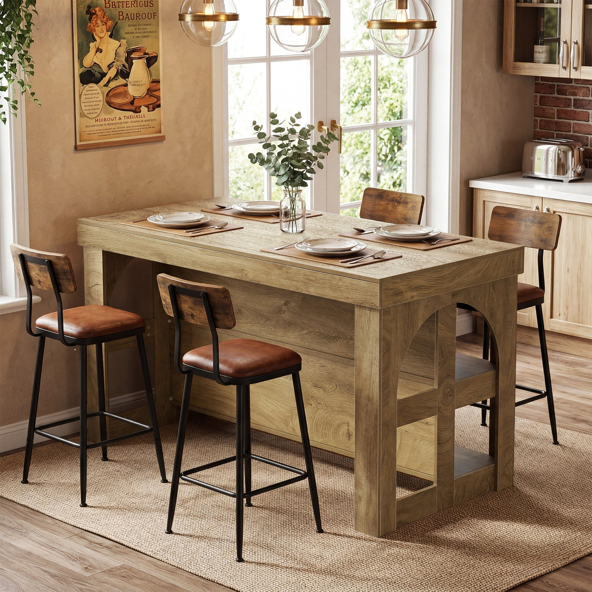 55" Kitchen Island with Storage, Large Stationary Island Bar Table with 3 Shelves