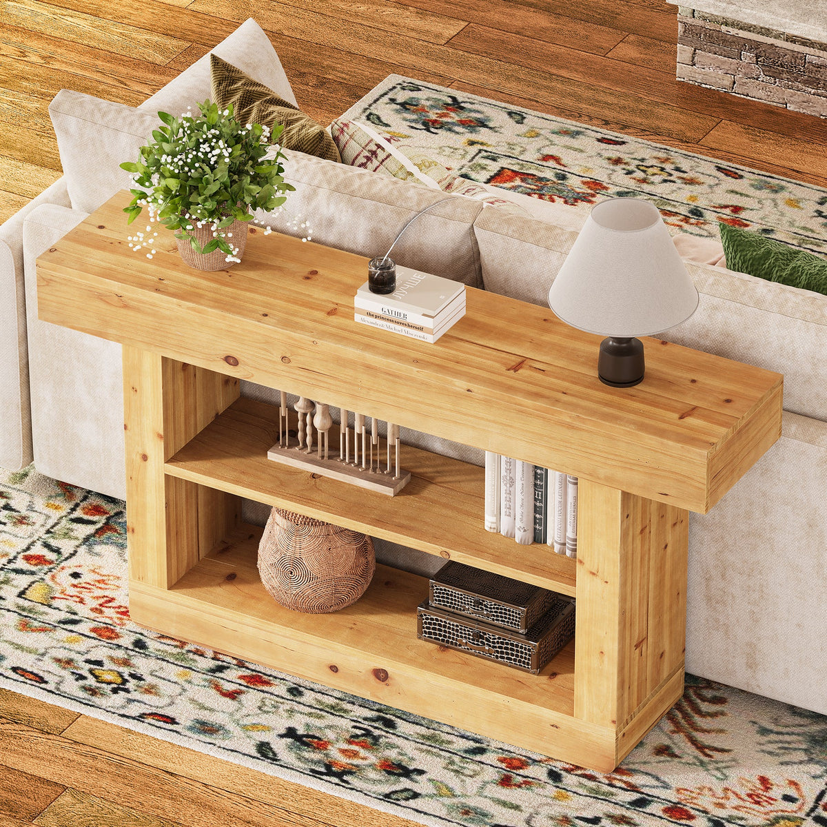 63" Solid Wood Console Table, 3-Tier Sofa Table with Storage for Entryway