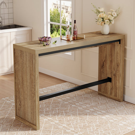 55" Bar Table, Rectangular Counter Height Pub Table with Metal Footrest
