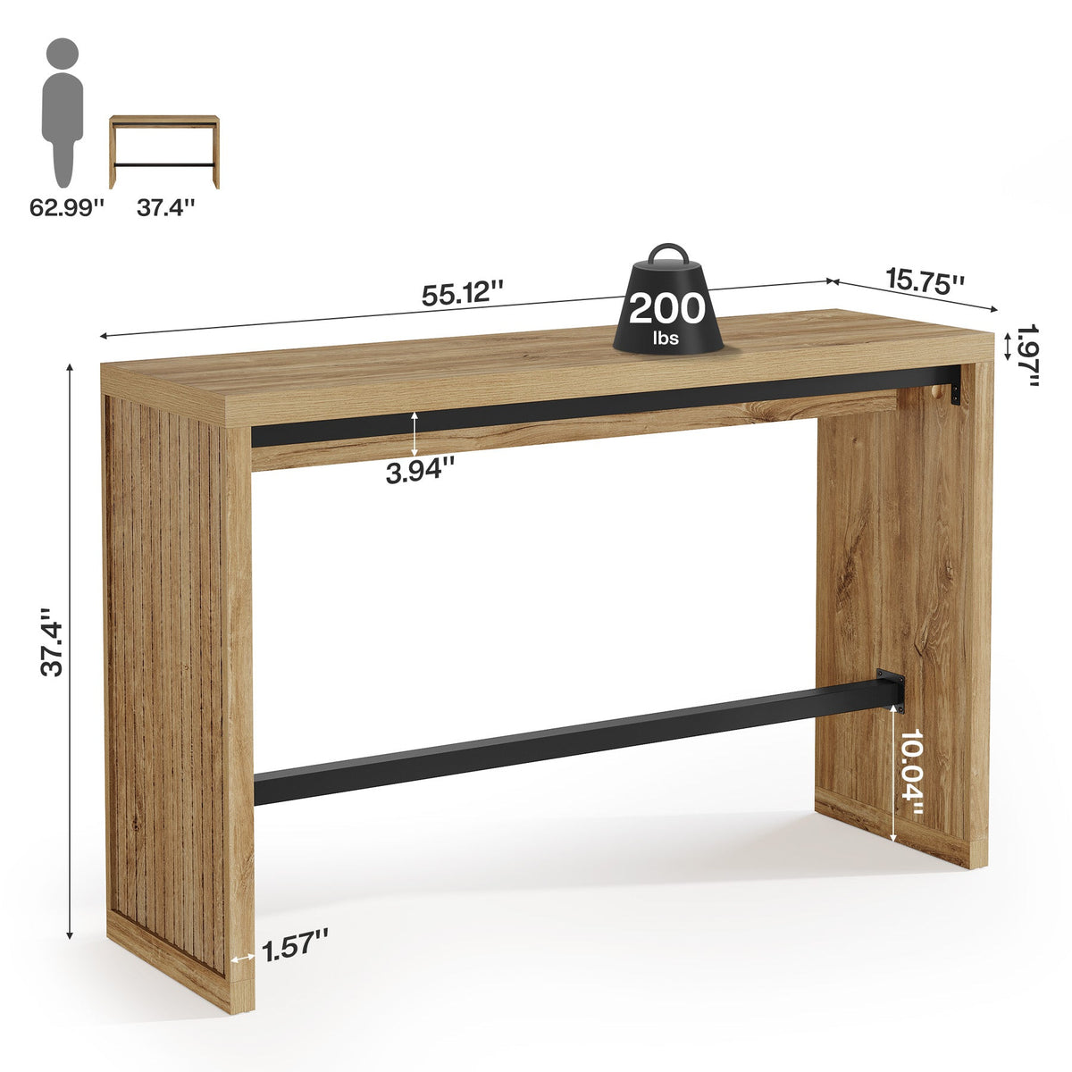 55" Bar Table, Rectangular Counter Height Pub Table with Metal Footrest