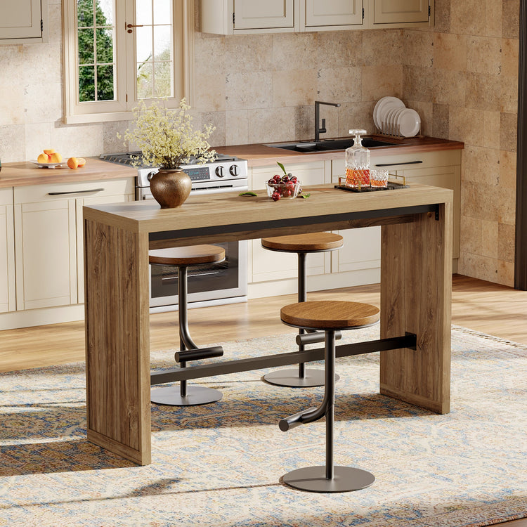 55" Bar Table, Rectangular Counter Height Pub Table with Metal Footrest