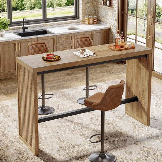 55" Bar Table, Rectangular Counter Height Pub Table with Metal Footrest