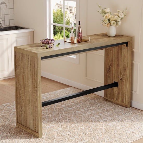 55" Bar Table, Rectangular Counter Height Pub Table with Metal Footrest