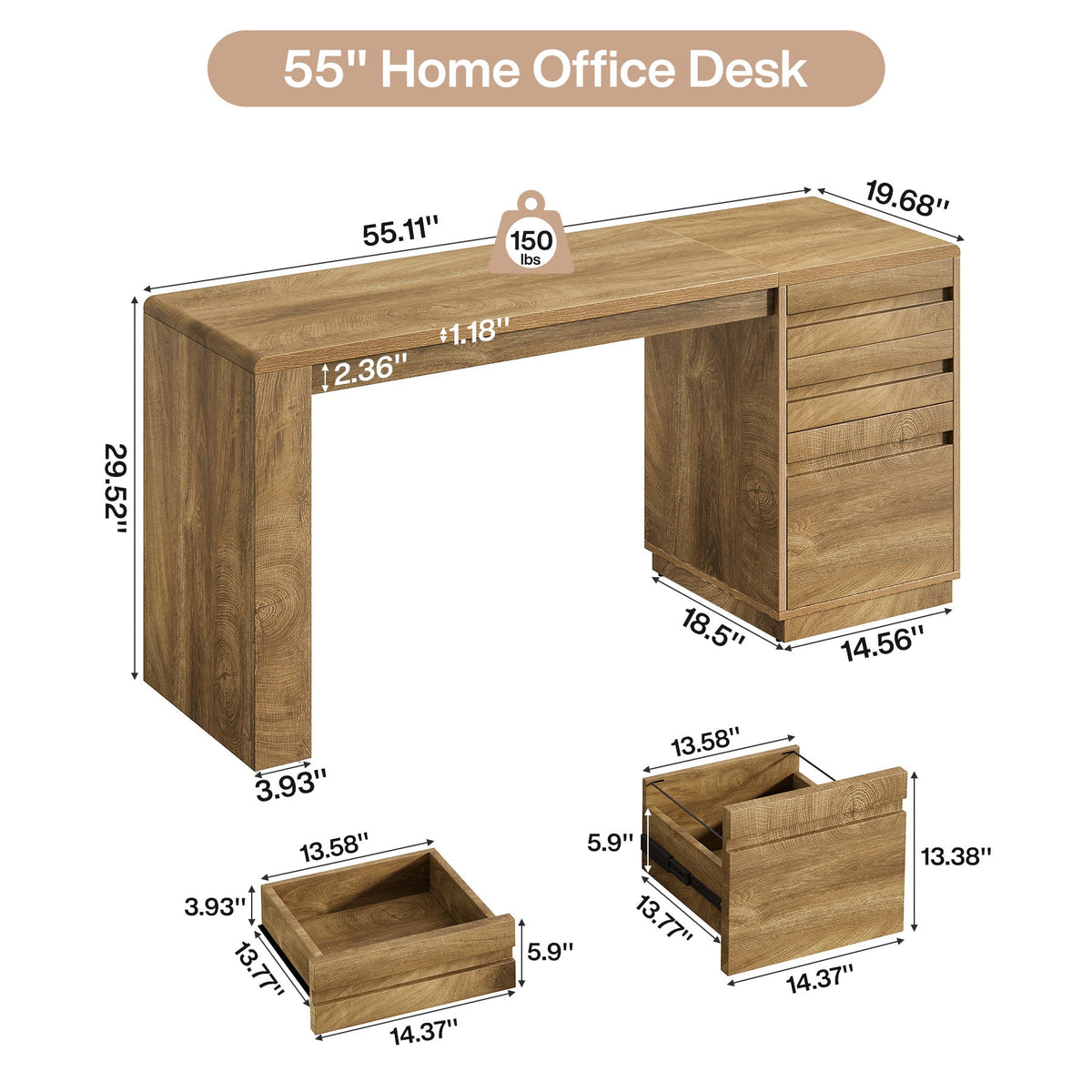55" Computer Desk, Farmhouse Executive Desk with 3 Drawers Storage Cabinet