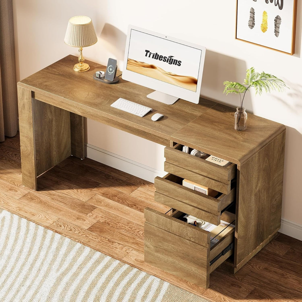 55" Computer Desk, Farmhouse Executive Desk with 3 Drawers Storage Cabinet