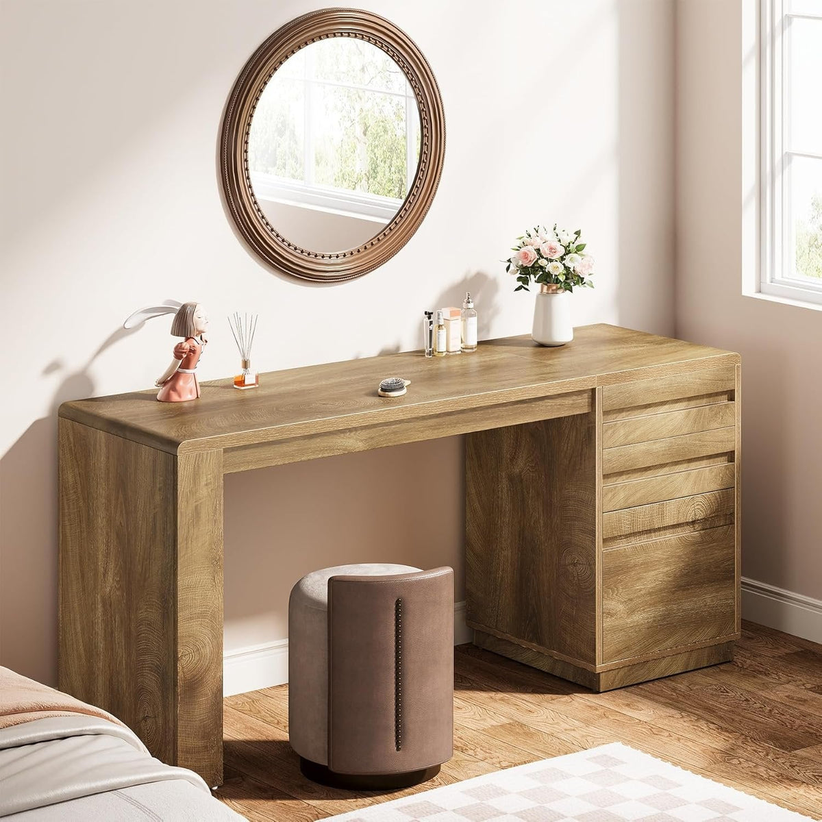 55" Computer Desk, Farmhouse Executive Desk with 3 Drawers Storage Cabinet