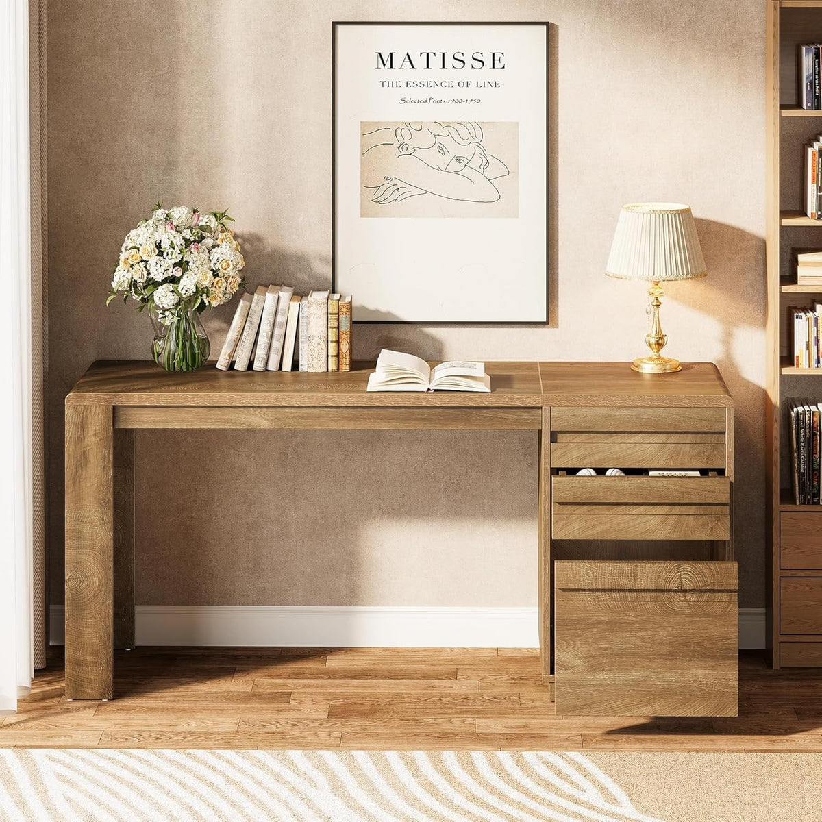 55" Computer Desk, Farmhouse Executive Desk with 3 Drawers Storage Cabinet