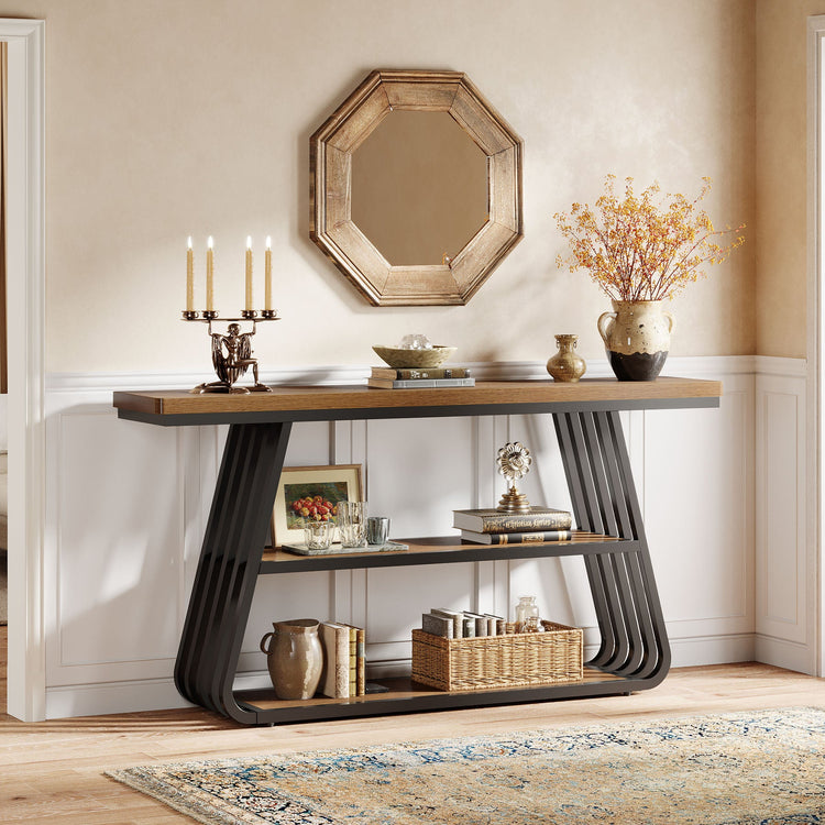 55" Console Table, 3-Tier Sofa Table With Iron Frame For Living Room